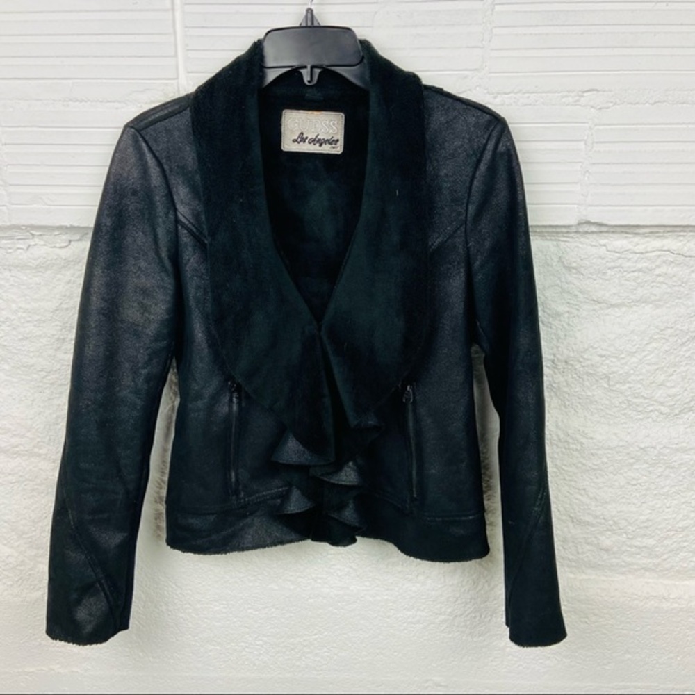 GUESS LOS ANGELES black faux leather fleece lined ruffle lightweight jacket SZ S